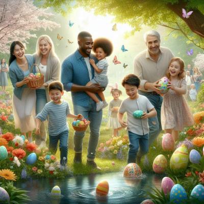 Familles qui cherchent des oeufs de paques autour d un etang